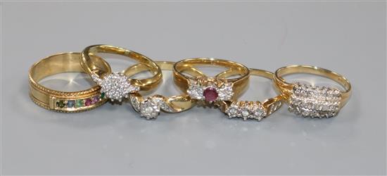 Six assorted 9ct gold and gem set dress rings including a Dearest ring.